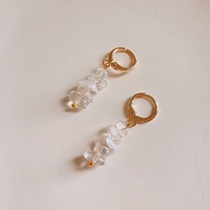 Natural clear quartz pearl bar hoop earrings, aquamarine pearl bar hoop earrings